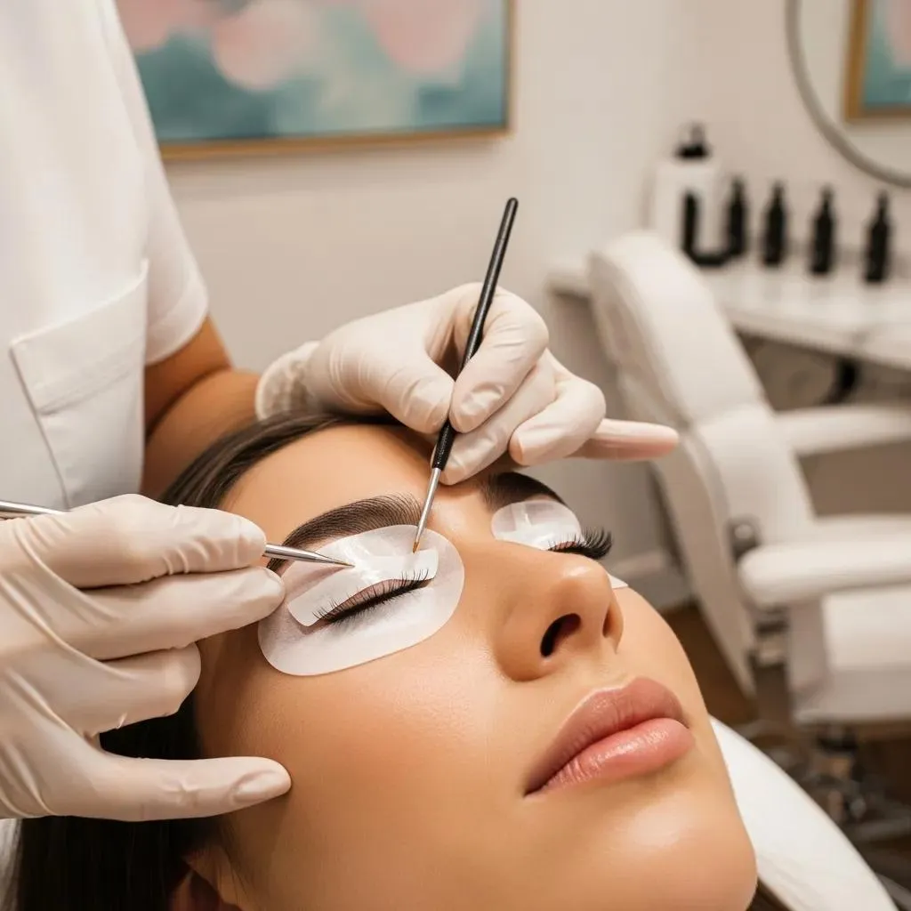 Beauty professional applying a lash lift treatment to a client, emphasizing the elegance of lash enhancements for Valentine's Day